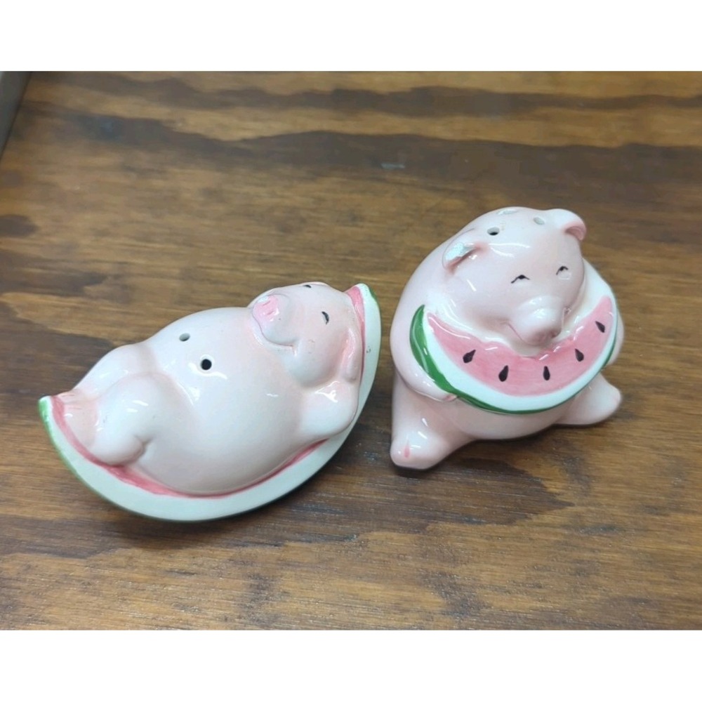 Clay Art Pig Salt Pepper Shakers Watermelon Ceramic Whimsical Farmhouse Kitsch